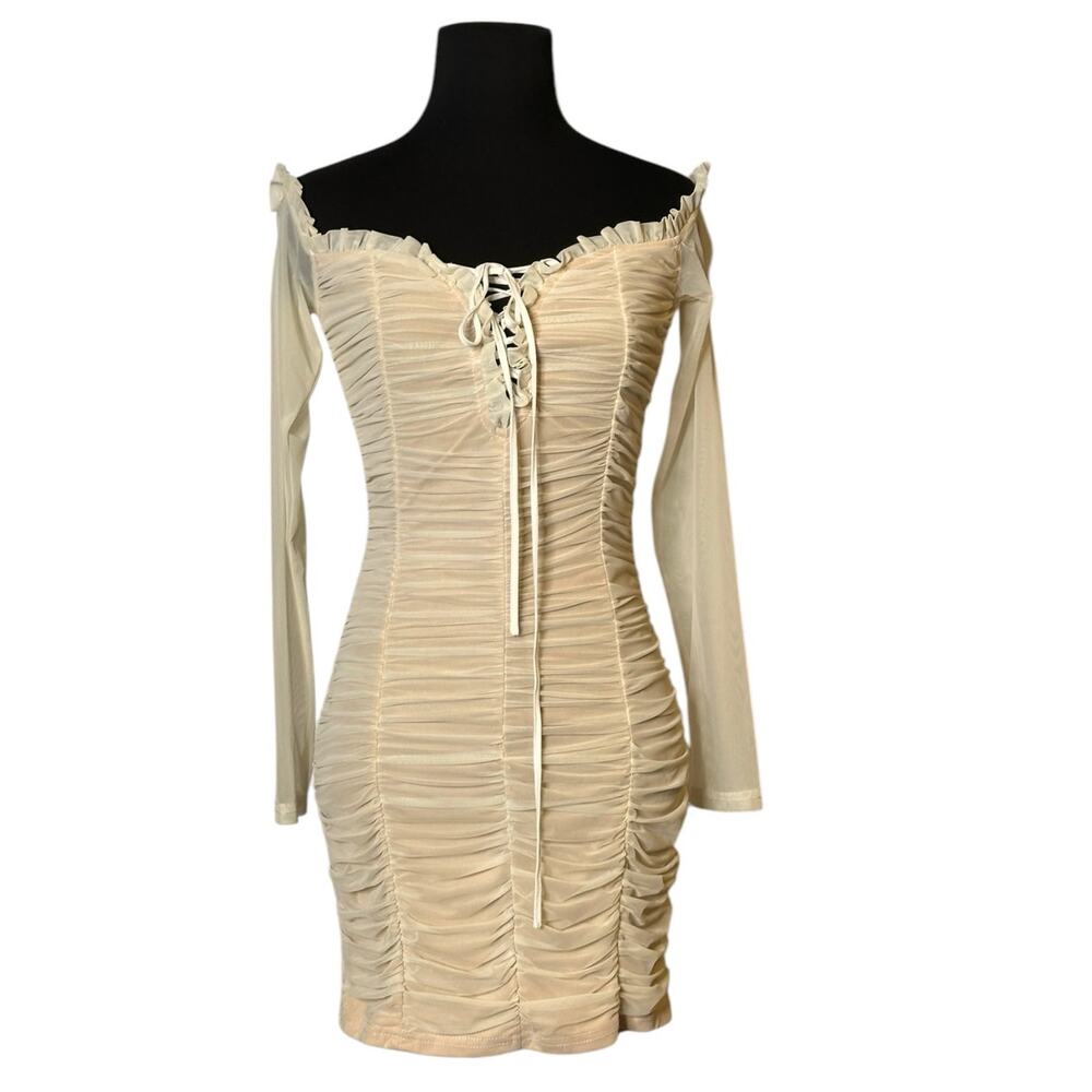 Fashion Nova cream ruched off the shoulders mini dress size Medium